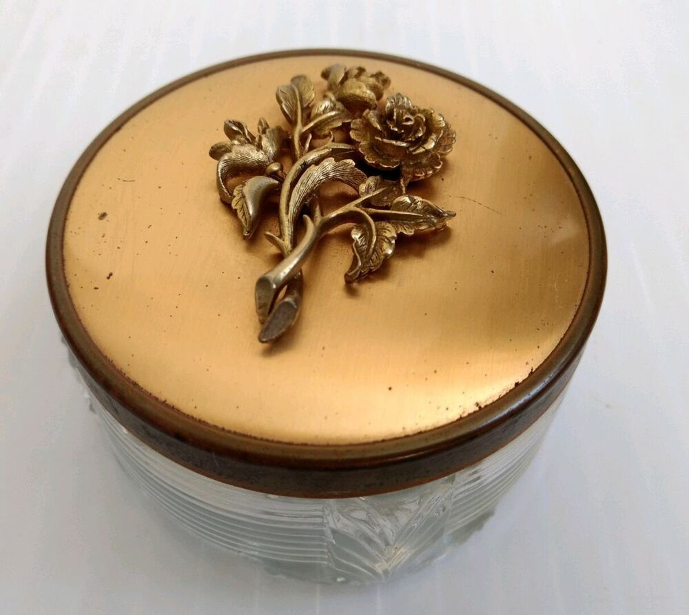Vintage Glass Jewelry Trinket Box with Metal Lid with Flowers Roses